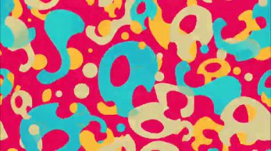 Soyut canlı desen, kırmızı arkaplan, turkuaz sarı akış şekilleri, oyuncu organik doku, renkli el çizimi soyut kompozisyon