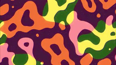 Katmanlı damlacık şekilli soyut organik desen, koyu mor arka plan, turuncu yeşil aksanlar, pürüzsüz akış biçimleri, modern dekoratif çizimler.