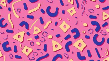 Dağılmış kıvrımlı şekilli soyut şablon, pembe arka plan, mavi ve sarı elementler, el çizimi çizgi film tarzı, dinamik modern dekoratif doku