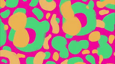 Sıvı organik şekilli psikedelik arkaplan, pembe tabanlı yeşil ve sarı damlalar, el boyalı doku, retro funky animasyon, sürreal renk kompozisyonu