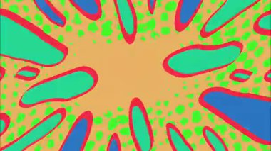 Organik oval şekilli soyut psikedelik patlama arka planı, radyal bileşim, turkuaz kabarcıklar, mercan çizgileri, yarım ton noktalar, el çizimi renk paleti, canlandırılmış soyut desen