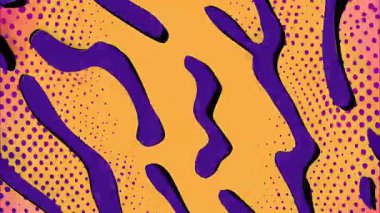 Mor akış şekilli soyut turuncu arkaplan, yarım ton noktalar, organik dalgalar, kalın çizgi film desenli desen