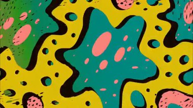 Mavi şekilli soyut renkli organik desen, sarı yeşil lekeler, noktalı doku, sıvı çizgi film tarzı, canlı el çizimi arka plan