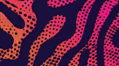 Kavisli organik formlara sahip soyut akış şekli, noktalı yarım ton dokusu, sıcak turuncu palet, psikedelik retro çizim, dinamik dalgalı arka plan