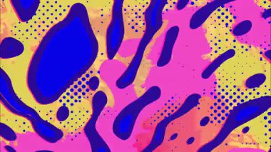 Akan organik kabarcıklar, dalgalı sıvı şekiller, yarım ton noktalar, canlı pembe mavi renkler, retro pop sanat dokusu, el çizimi çizgi film tarzı, dinamik hareket deseni