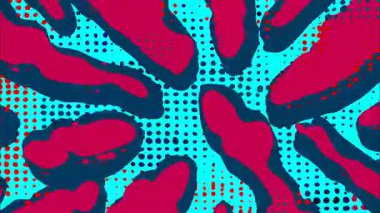 Cyan arka planlı soyut radyal desen, kırmızı organik şekiller ve siyah noktalı yarım ton dokusu, elle çizilmiş çizgi film çizimi, dinamik hareket ve grafik mizah tarzıyla cesur psikedelik soyut arkaplan