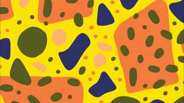 Sarı arkaplan, turuncu bloklar, koyu mavi şekiller ve yeşil noktalar, el çizimi karikatür dokusu, cesur renklere sahip şakacı, soyut çizimler, düzensiz geometrik formlar ve dekoratif yüzey tasarımı