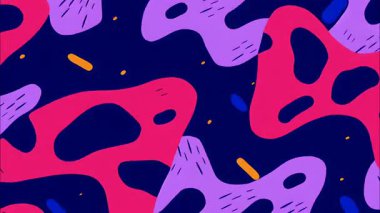 Koyu deniz ve mor zemin üzerinde koyu kırmızı ve pembe şekillere sahip soyut organik desen, el çizimi karikatür tarzı, akışkan biyomorfik biçimler, renkli psikedelik çizim arka planı, oyuncu modern soyut tasarım