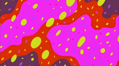 Sıvı organik formlara sahip renkli soyut çizgi film dokusu, parlak kırmızı sarı palet, noktalı aksanlar, el çizimi boya tarzı, şakacı psikedelik arka plan, kusursuz soyut desen