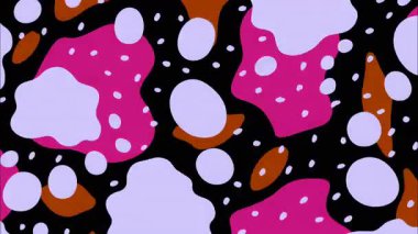 Cesur organik şekillere sahip soyut düz desen, düzensiz damlalar, yüksek kontrast renkleri, siyah arkaplan, pembe beyaz turuncu unsurlar, el çizimi karikatür dokusu, neşeli modern soyut zemin