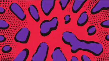 Psikedelik soyut desen, mor organik şekilli kırmızı arkaplan, yarım ton nokta dokusu, el çizimi komedi tarzı, patlayıcı biyomorfik hareket, kalın pop sanatının soyut arka planı.