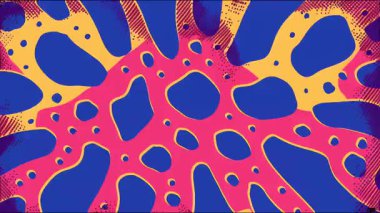 Soyut çizgi roman tarzı patlama şablonu, mavi şekilli pembe merkez, sarı arkaplan aksanı, noktalı doku, el çizimi pop sanat görünümü, koyu renkli soyut yüzey