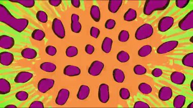 Soyut organik yayılma şablonu, mor oval noktalı turuncu arkaplan, yeşil akış vuruşları, el çizimi simetri, kalın karikatür dokusu, renkli soyut yüzey, anlamlı boya tarzı.