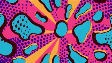 Soyut radyal pop sanat deseni, mavi şekilli pembe arka plan ve sarı aksanlar, organik damlalar ve noktalı dokular, oyuncu çizgi film çizim stili, renkli, soyut hareket arkaplanı