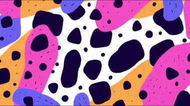 Soyut oyuncu şablon, pembe mor ve turuncu organik şekilli beyaz arka plan, kalın düz renkler, el çizimi çizgi film tarzı, düzensiz damlalar ve noktalar, modern pop sanat dokusu, neşeli soyut hareket arkaplan