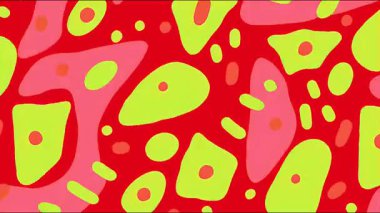 Soyut renkli organik desen, yeşil lekeli kırmızı arkaplan ve pembe şekiller, el çizimi düz çizim stili, oyuncu çizgi film dokusu, düzensiz noktalar, düz şekiller, canlı pop sanat kompozisyonu, kusursuz soyut arkaplanı