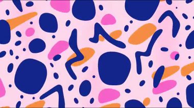 Oyuncu soyut çizgi film deseni, el çizimi geometrik şekiller, noktalar zikzak biçimleri, yumuşak pastel renkler, modern pop sanatının arka plan animasyonu.