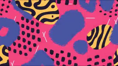 Soyut hayvan baskısı deseni, el çizimi organik lekeler, oynak mavi sarı doku, kalın pop sanat şekilleri, renkli grafik arka plan animasyonu