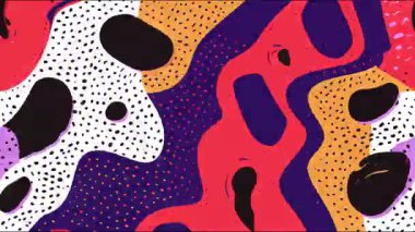 Soyut karikatür kamuflaj deseni, organik dalgalı şekiller, el çizimleri, kalın pembe turuncu siyah biçimler, oyuncu grafik doku, modern pop sanatının arka plan animasyonu.