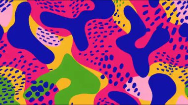 Renkli soyut karikatür desenleri, organik şekiller, el çizimleri, noktalı doku, koyu mavi sarı formlar, oyuncu pop sanat arkaplanı, kusursuz grafik tarzı animasyon