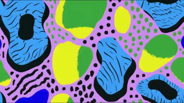 Yeşil mavi sarı şekilli, soyut organik kamuflaj deseni, noktalı desen, oyuncu çizgi film tarzı, kusursuz animasyon arkaplan