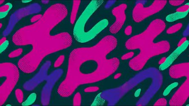 Pembe yeşil ve mor şekilli koyu soyut organik desen, canlı karikatür tarzı kabarcıklar, modern grafik çizim arka planı