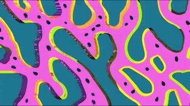 Pembe arka planda deniz mavisi şekilli soyut organik desen, el çizimi kabarcıklar, neşeli renkli çizgi film dokusu
