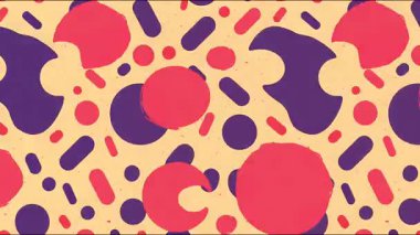 Renkli soyut arkaplan dağınık yuvarlak şekiller, noktalar ve kabarcıklar, sıcak pastel renklerde retro karikatür kompozisyonu, oyuncu el çizimi animasyon tarzı