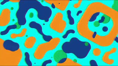 Soyut geometrik damlalar, turuncu lacivert ve yeşil şekilli mavi arka plan, düz modern illüstrasyon, neşeli organik kompozisyon, renkli soyut animasyon arka plan