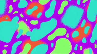 Soyut organik damlalar, renkli sıvı şekiller, turkuaz yeşil ve sarı şekilli mor arkaplan, oyuncu çizgi film tarzı, el çizimi soyut doku, canlı modern arkaplan