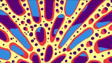 Renkli soyut radyal desen, sarı mavi organik şekiller, noktalı doku, şakacı psikedelik arka plan, el yapımı biyomorfik çizimler.