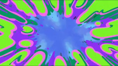 Mavi arka planda yeşil ve pembe organik şekilli soyut radyal patlama deseni, dinamik hareketli psikedelik tünel animasyonu