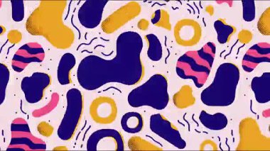 Karışık organik sembollü soyut şablon, yuvarlak damlalar, noktalar ve çizgiler, krem rengi arka plan, mavi sarı aksan, el çizimi çizgi film deseni