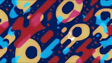 Soyut renkli organik şekiller, koyu yuvarlak şekiller, mavi köşeli çizgiler, kırmızı boya damlaları, bej daireler, el çizimi karikatür şekli, canlı modern grafik dokusu.