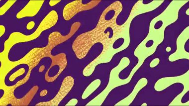 Akan amip şekilleri ve noktalı gradyanlarla soyut psikedelik desen, neon sarı mor ve kahverengi renkler, kalın organik kompozisyon, el boyaması karikatür çizimi, dinamik dekoratif arka plan dokusu