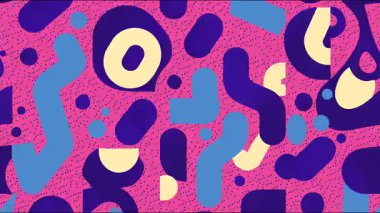 Katmanlı yuvarlak şekilleri ve noktalı dokuları olan soyut organik karikatür deseni, pembe mavi ve krem renkleri, oyuncu el çizimleri, pürüzsüz akış biçimleri, dekoratif modern arka plan yüzeyi