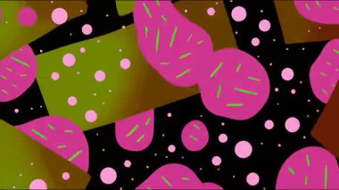 Kalın düz şekilli soyut karikatür deseni, noktalı elementler ve yuvarlak formlar, pembe zeytin ve kahverengi renkli siyah arkaplan, oyuncu grafik kompozisyonu, el boyası tarzı, modern soyut çizim dokusu