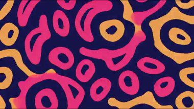 Derin mavi arkaplanda koyu pembe ve sarı organik şekillere sahip soyut psikedelik desen, retro karikatür tarzı, pürüzsüz akış biçimi, canlı renk kontrastı, modern dekoratif doku
