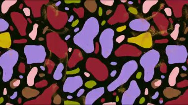 Düzensiz organik şekillere sahip soyut terrazzo tarzı şablon, koyu arkaplan, mor ve kahverengi elementler, kumlu doku, modern dekoratif yüzey, şakacı soyut kompozisyon