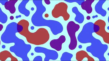 Mavi arkaplan, kırmızı ve mor şekiller ve pürüzsüz yuvarlak hatlar ile yumuşak organik damlacık deseni, sakin akış ritmine sahip minimum çizgi film tarzı soyut doku animasyonu