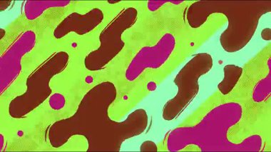 Yeşil tabanlı organik kamuflaj tarzı soyut arkaplan, kahverengi kabarcıklar, pembe aksanlar ve ince tahıl dokusu, retro çizgi film estetiğinden esinlenilmiş düz animasyon deseni