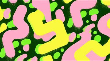 Pembe sarı organik şekilli soyut çizgi film deseni, koyu arkaplan kontrastı, oyuncu düz çizim, modern funky tasarım