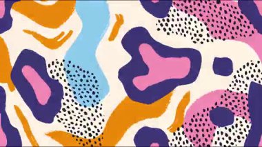 Düzensiz lekeler, noktalı aksanlar, yumuşak renk paleti, el çizimi organik şekiller, oyuncu modern desenler içeren soyut bir karikatür arka planı.