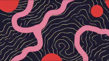 Akan hatları, dalgalı organik yolları, kırmızı dairesel aksanları, topoğrafik desen biçimi, minimal grafik dokusu olan koyu soyut arkaplan