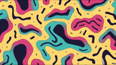 Renkli amip şekilleri, el çizimi ayrıntıları, sarı mavi elementlerle retro illüstrasyon tarzı arka planı olan oyuncu çizgi film soyut deseni.