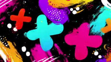 Renkli artı sembollü soyut pop sanat arka planı, kalın şekiller, boya sıçramaları ve grunge dokusu, eğlenceli modern grafik tarzı