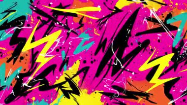 Soyut grafiti yıldırımı arka planında pembe sarı deniz mavisi fırça darbeleri, kaotik zikzak şekilleri, sokak sanatı enerjisi, elle boyanmış lekeler, anlamlı grunge dokusu.