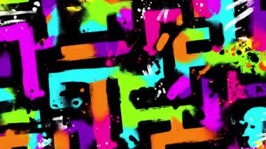 Soyut renkli labirent tarzı arka plan kalın blok şekilleri, neon boya katmanları, pop sanat graffiti dokusu, oyuncu geometrik desen