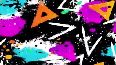 Keskin üçgenler, oklar, yüksek kontrastlı boya sıçramaları, siyah dokuda neon pembe turkuaz.