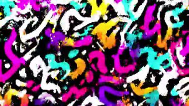 Soyut kaotik grafiti sembolleri. Renkli el çizimleri, anlamlı sokak sanatı karalamaları, çarpıcı boya darbeleri, canlı kentsel soyut doku.